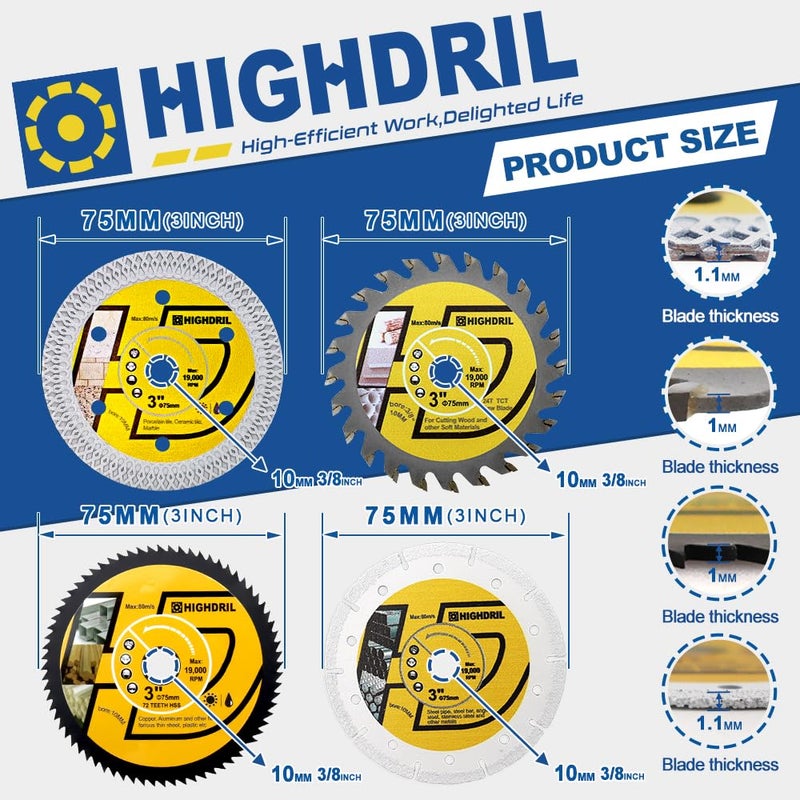 HIGHDRIL 3" 75mm Circular Saw Blade Set 4pcs - Diamond/HSS/TCT Cutting Disc for Angle Grinder Cutting Metal Copper Aluminum Tile Marble Granite Plastic Wood - Image 2